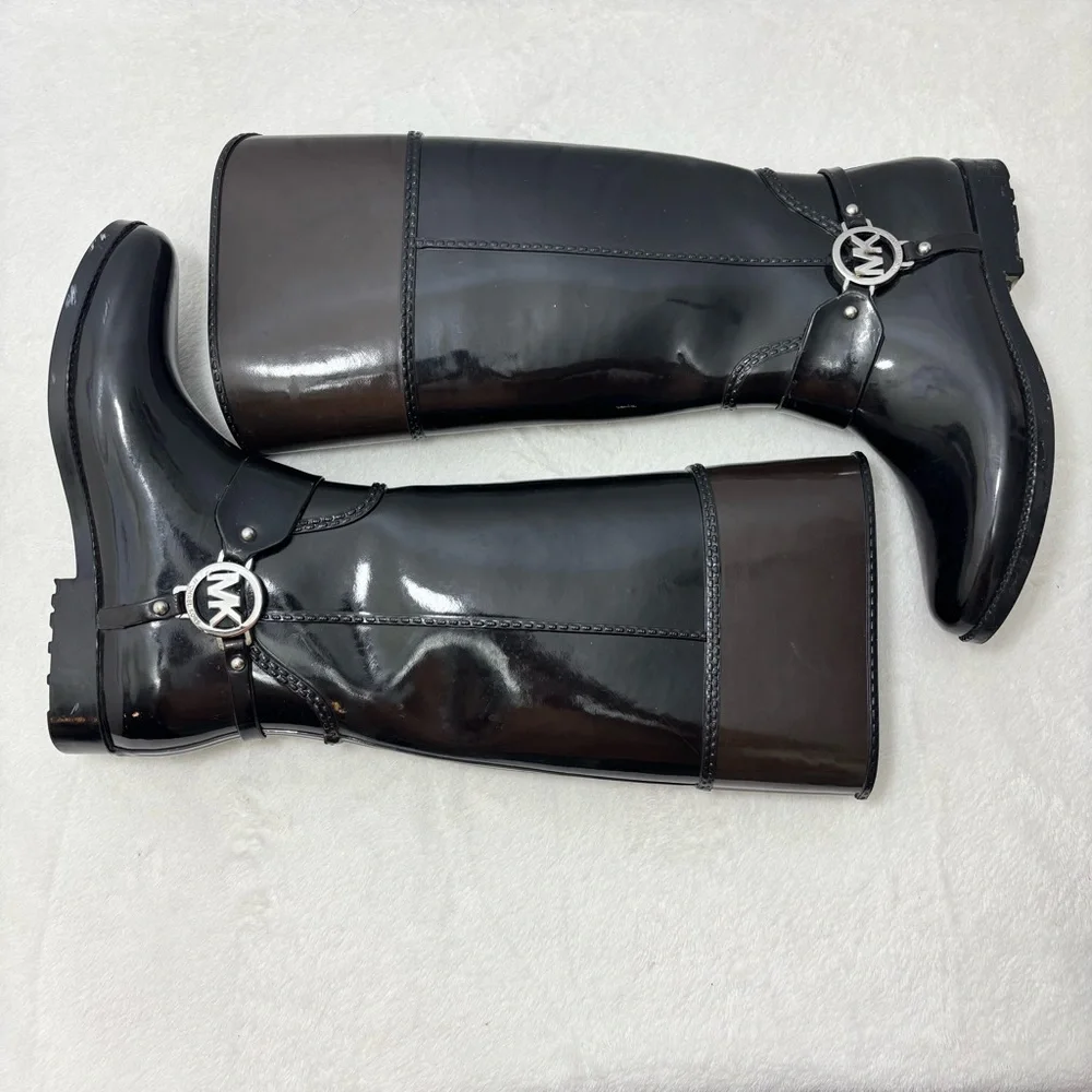 Michael Kors Fulton Tall Rain Boots Black‎ and brownSize 8